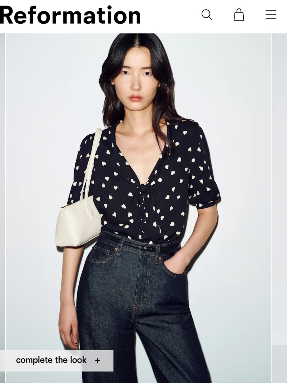 Reformation Joelle Black Heart-Print Tie-Front Top